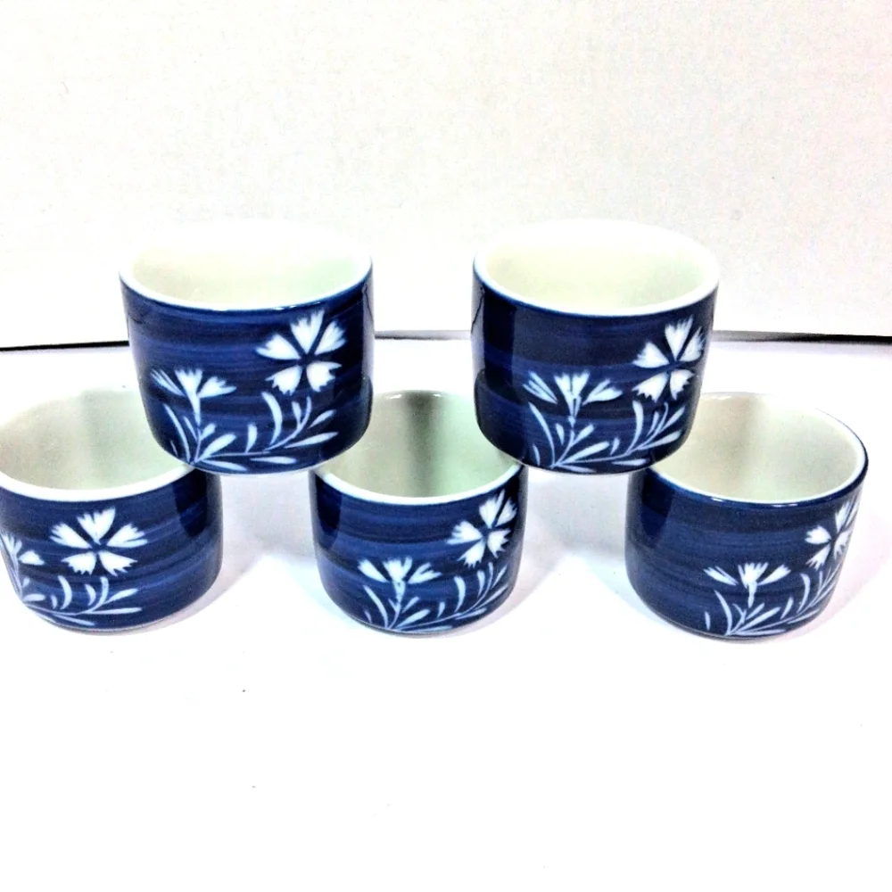Set Of 5 Japan National Silver Company Etched Blue & White Saki/Tea Cups.